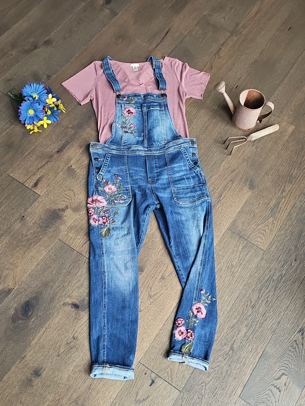 Driftwood Floral Embroidered Denim Overalls Blue Stretch L